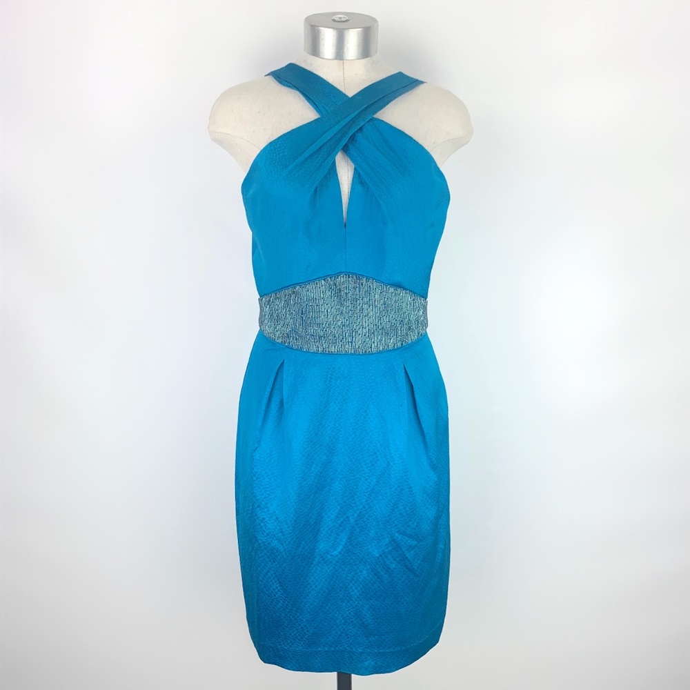 Badgley Mischka $440 Blue Cross Shoulder Dress